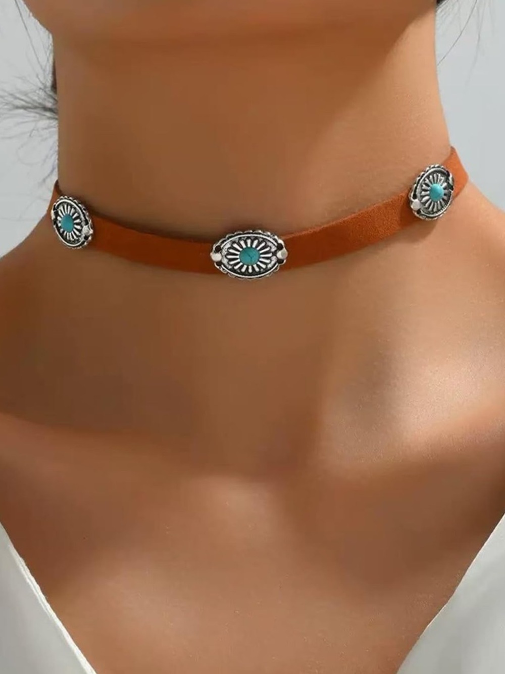 Free People Brown Leather Choker with Turquoise Accents
